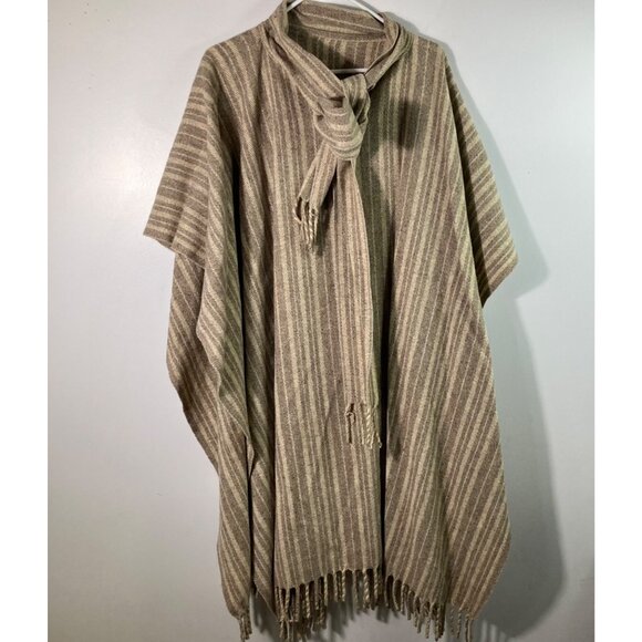 Rustic Vintage South Western Wool Poncho Boho Striped V Tie Neck Scarf Botton Fr - Picture 2 of 9